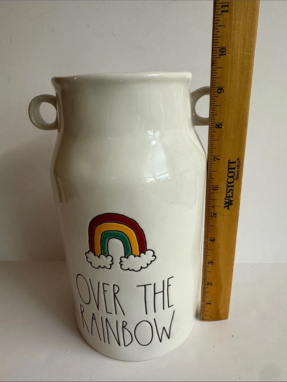 Rae Dunn Cream Double Handle Milk Jug / Vase with Colorful Rainbow